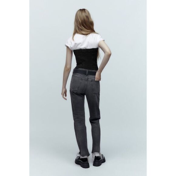 NWT Zara Black Corset Style Front Zip Closure Frayed Hem Fitted Denim Top, Large - Picture 5 of 16